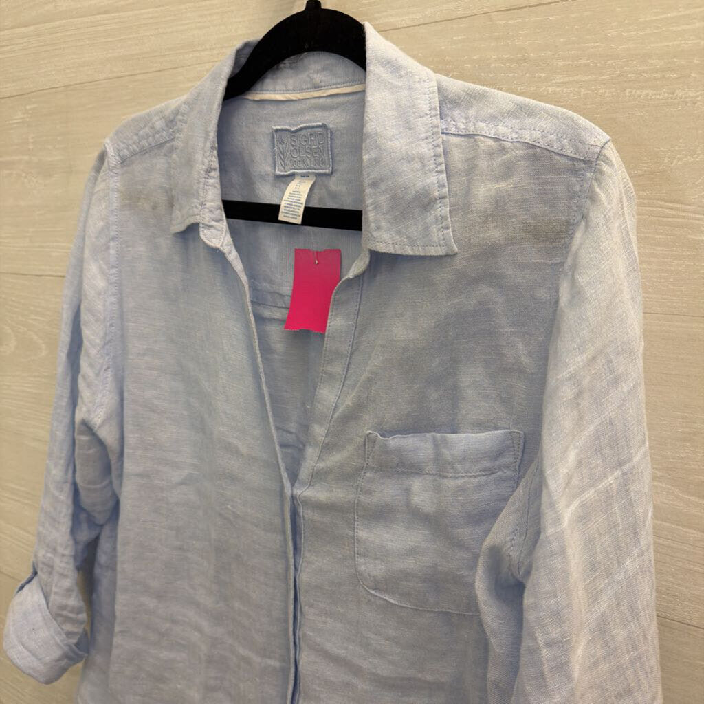 Sigrid Olsen Blue 100% Linen Long Sleeve Button Down Top Large