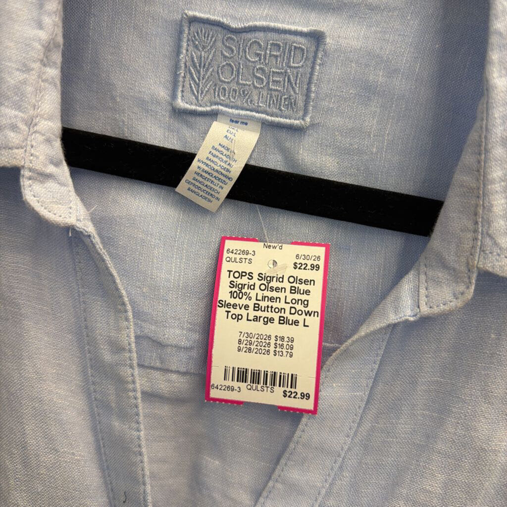 Sigrid Olsen Blue 100% Linen Long Sleeve Button Down Top Large