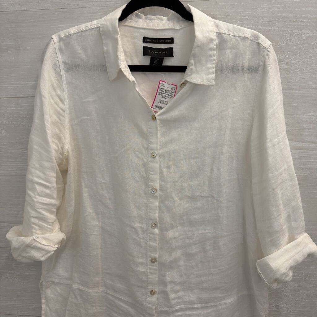 Tahari White 100% Linen Long Sleeve Button Down Top Large