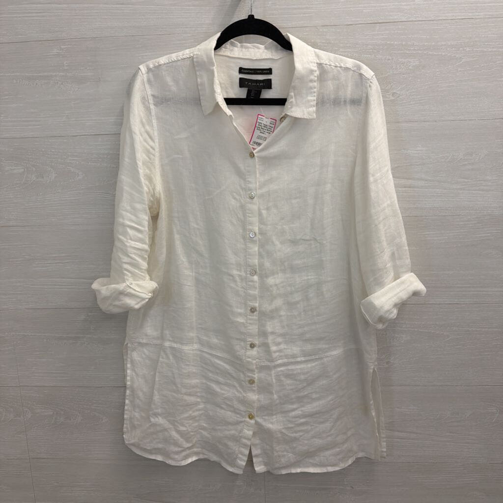 Tahari White 100% Linen Long Sleeve Button Down Top Large