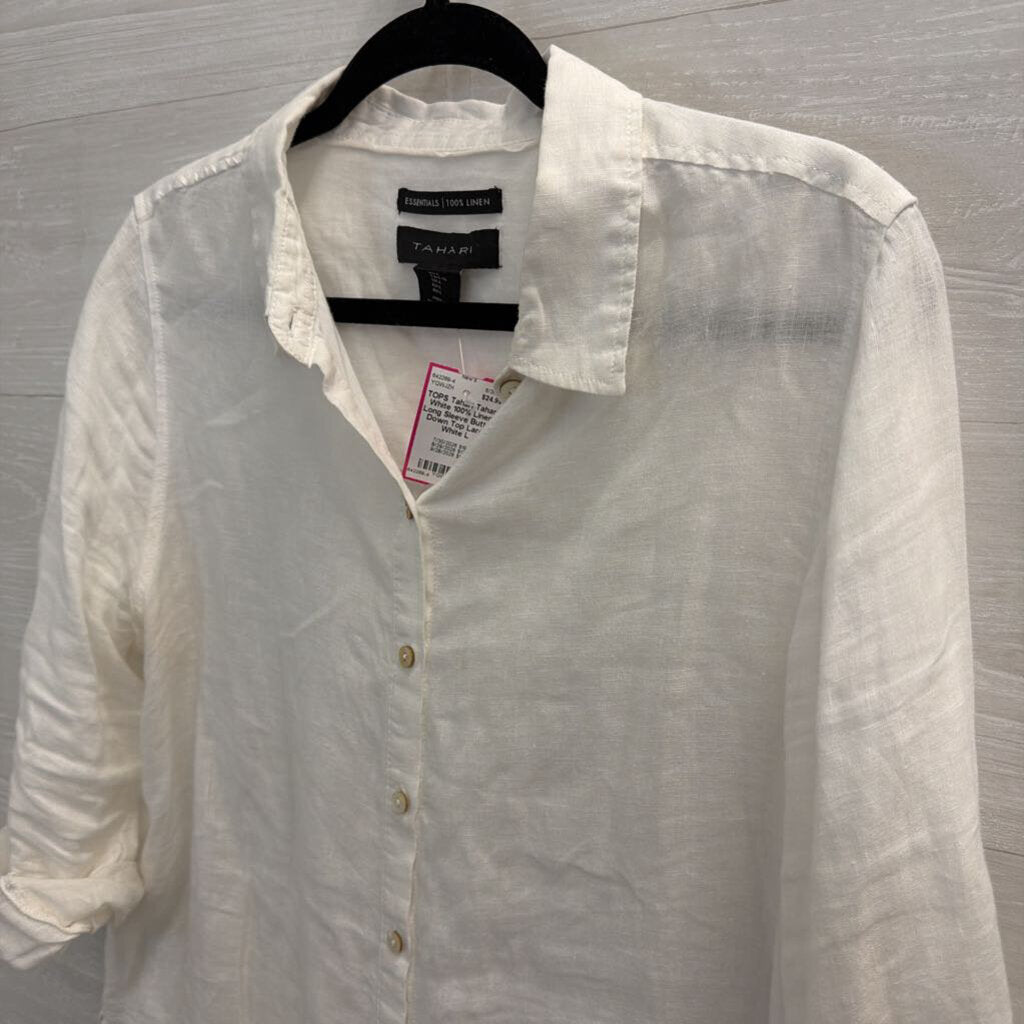 Tahari White 100% Linen Long Sleeve Button Down Top Large