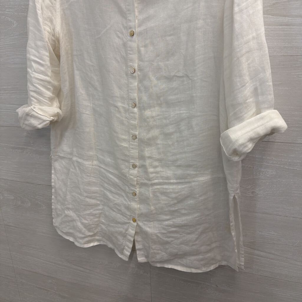 Tahari White 100% Linen Long Sleeve Button Down Top Large