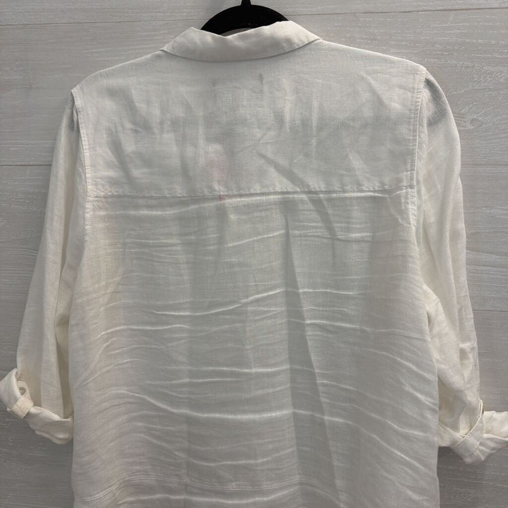 Tahari White 100% Linen Long Sleeve Button Down Top Large