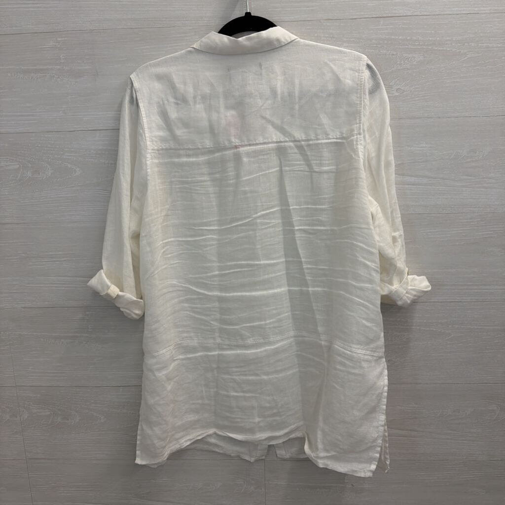 Tahari White 100% Linen Long Sleeve Button Down Top Large
