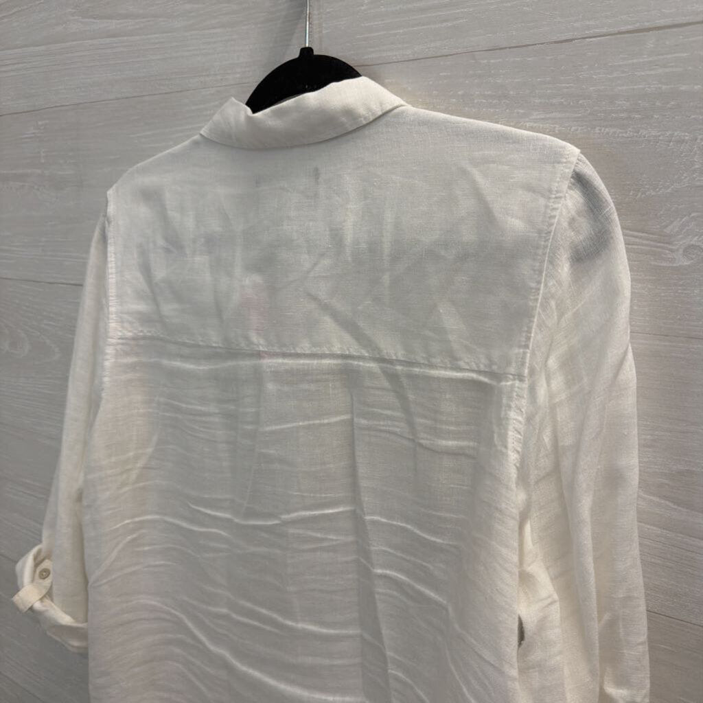 Tahari White 100% Linen Long Sleeve Button Down Top Large