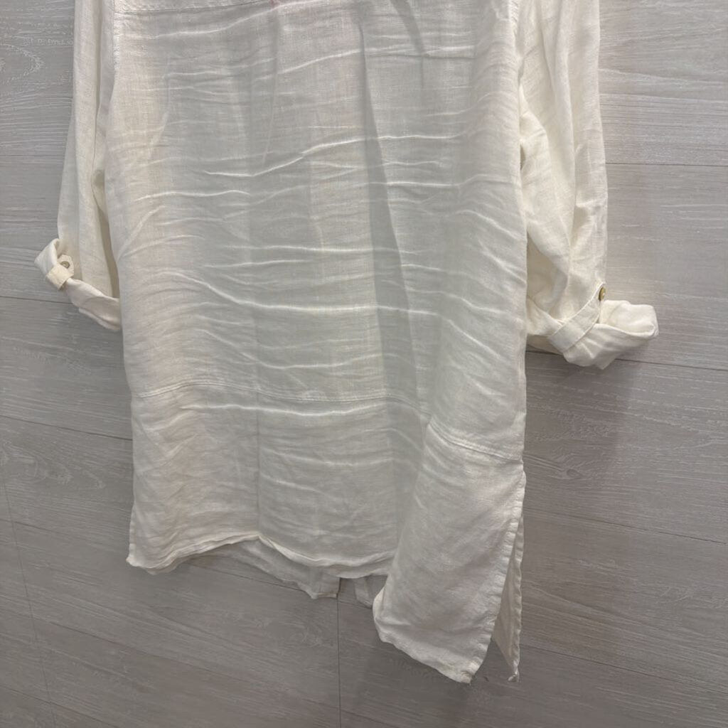 Tahari White 100% Linen Long Sleeve Button Down Top Large