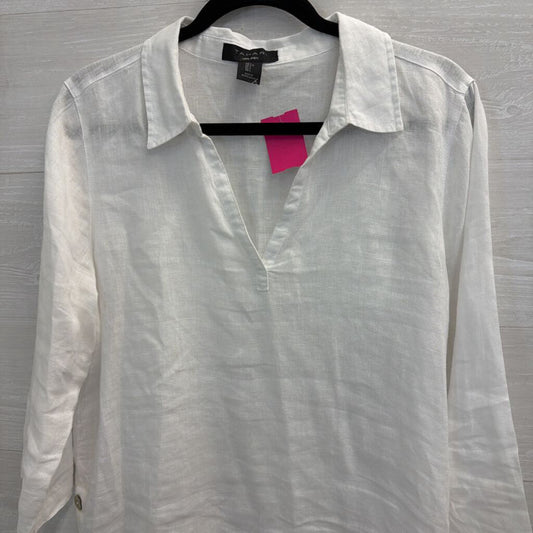 Tahari White 100% Linen Long Sleeve Top Large