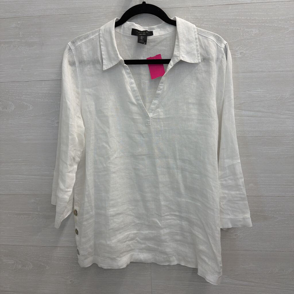 Tahari White 100% Linen Long Sleeve Top Large