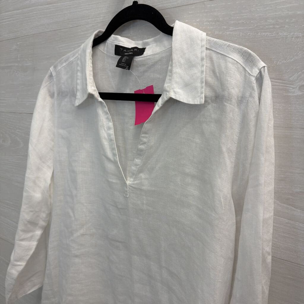 Tahari White 100% Linen Long Sleeve Top Large