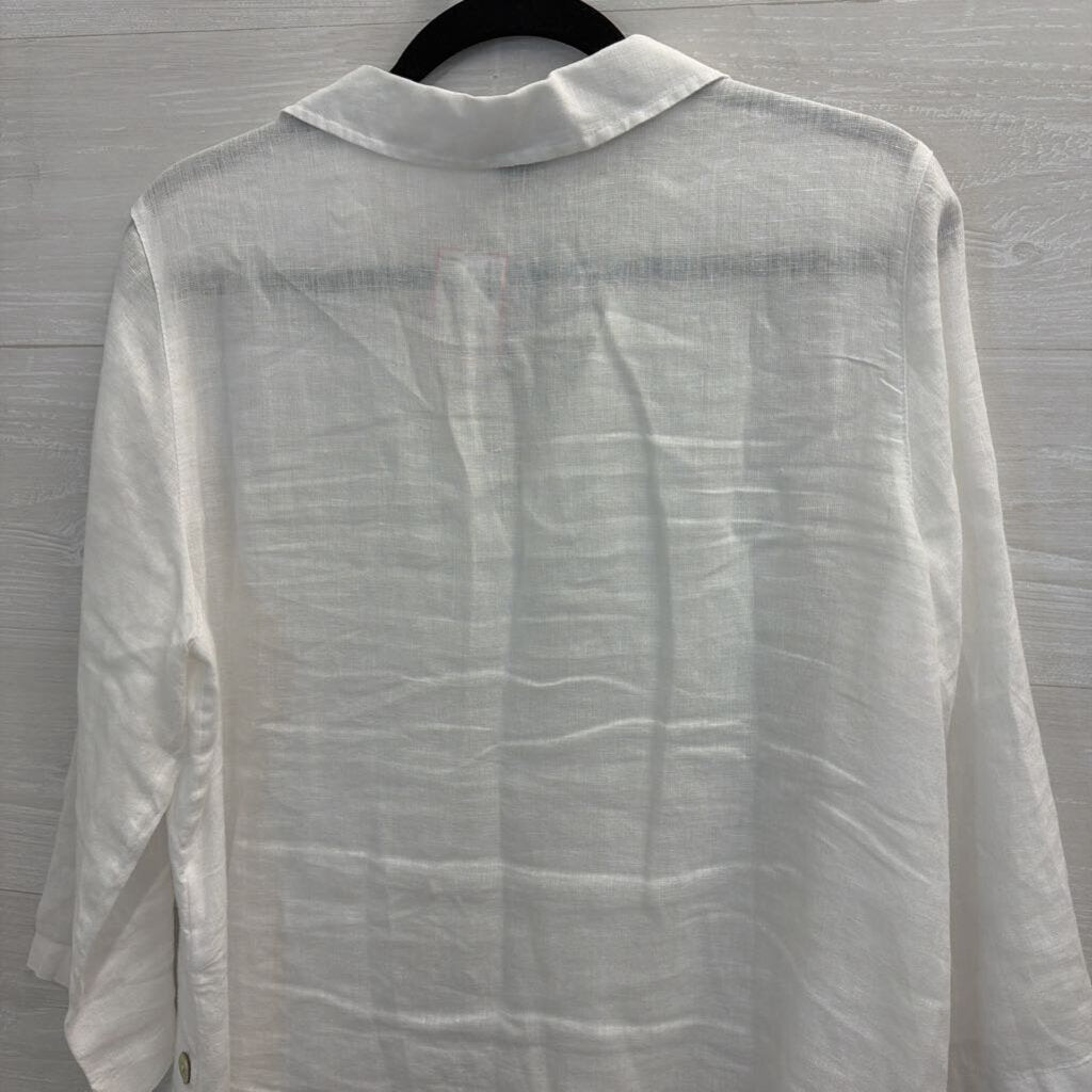 Tahari White 100% Linen Long Sleeve Top Large
