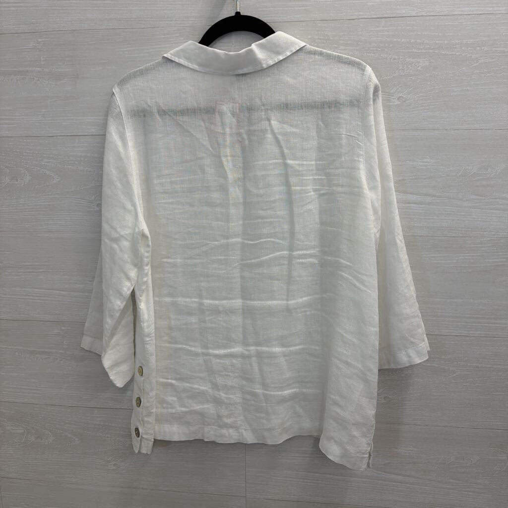 Tahari White 100% Linen Long Sleeve Top Large