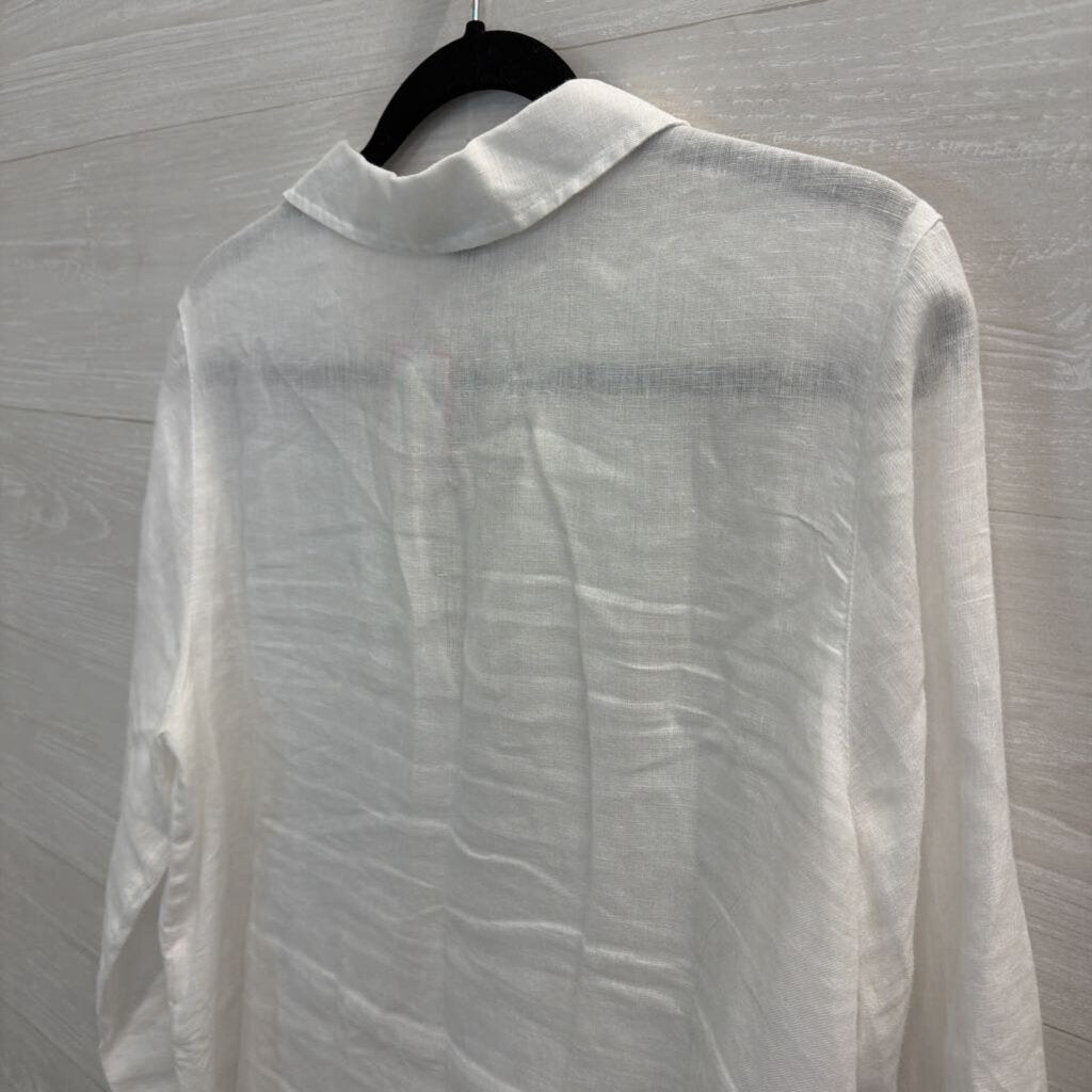 Tahari White 100% Linen Long Sleeve Top Large
