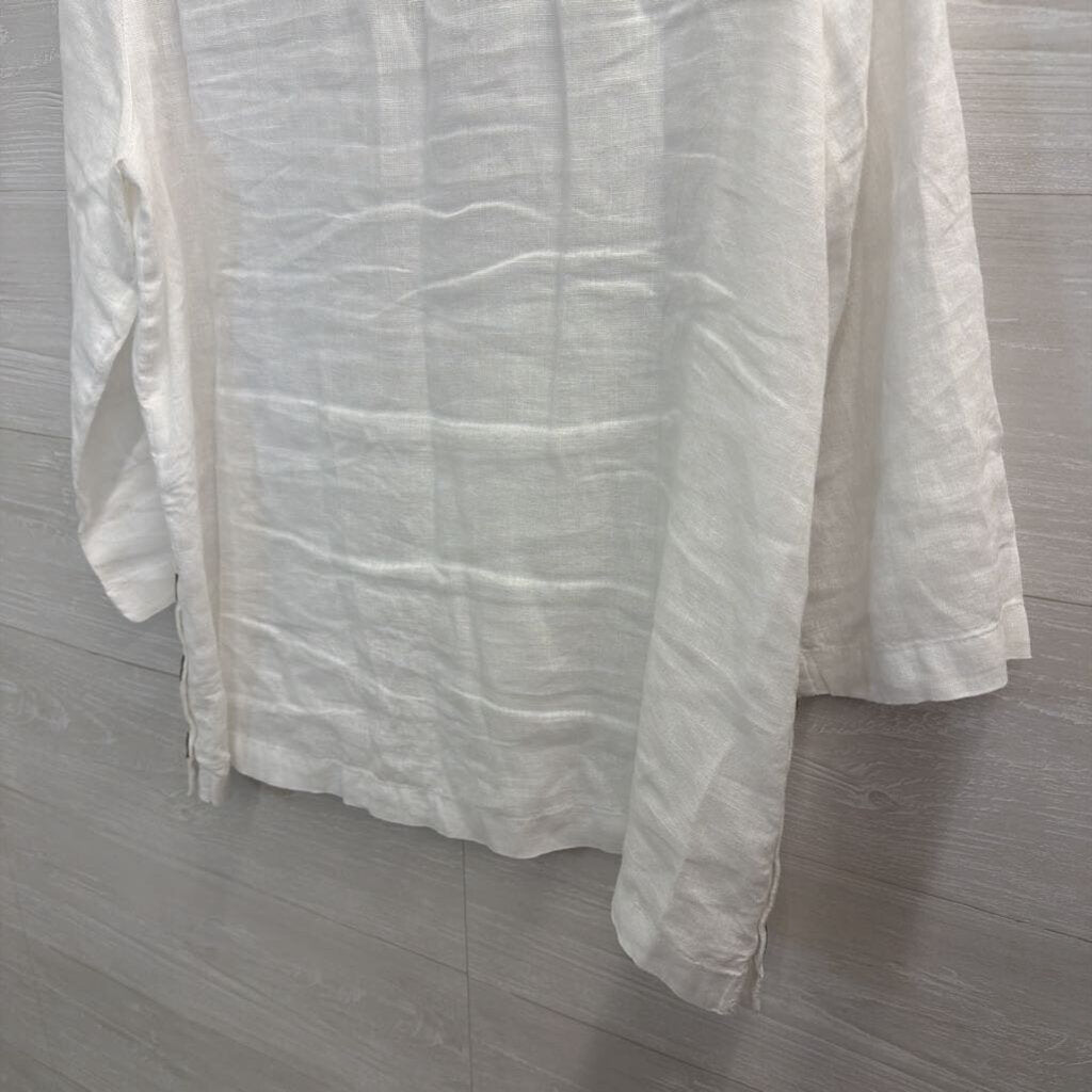 Tahari White 100% Linen Long Sleeve Top Large