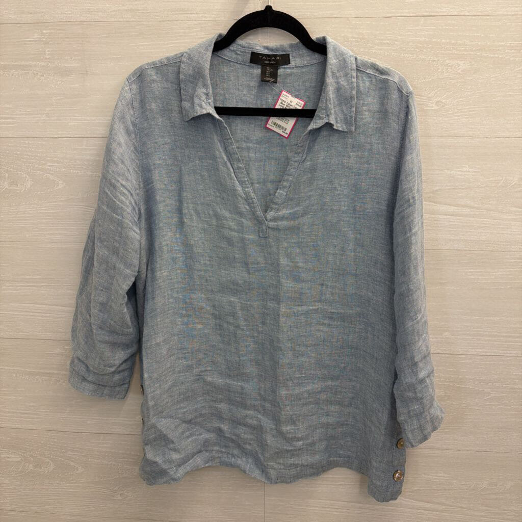 Tahari Blue 100% Linen Long Sleeve Top Large