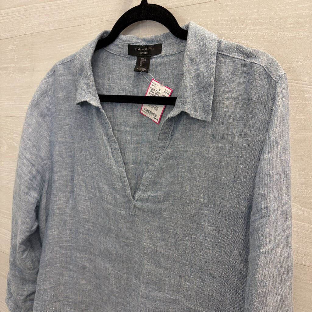 Tahari Blue 100% Linen Long Sleeve Top Large