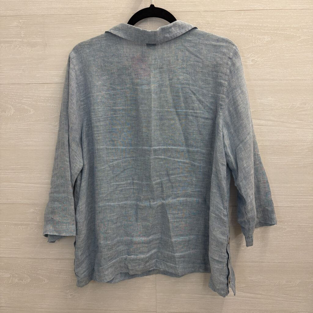 Tahari Blue 100% Linen Long Sleeve Top Large