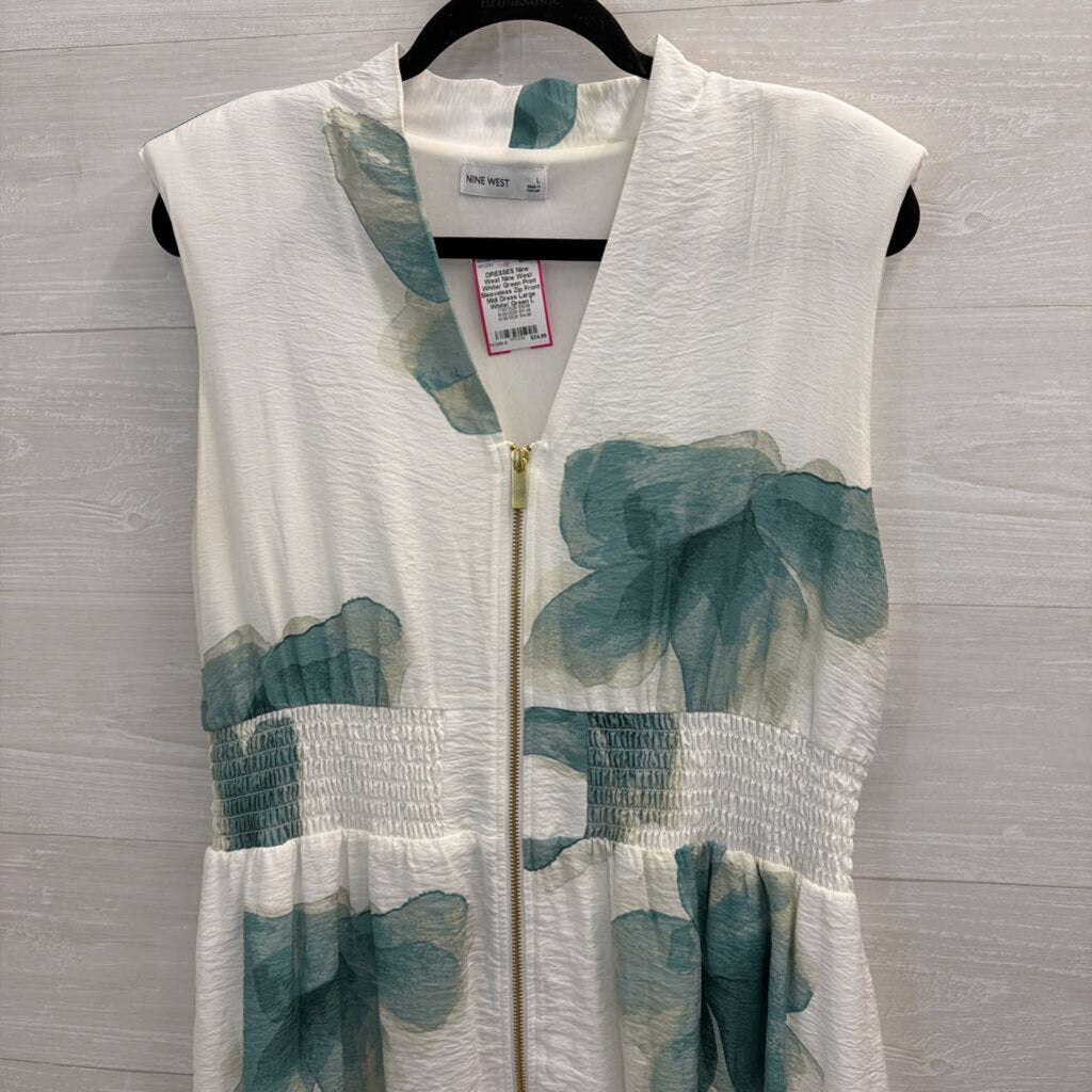 Nine West White/ Green Print Sleeveless Zip Front Midi Dress Large