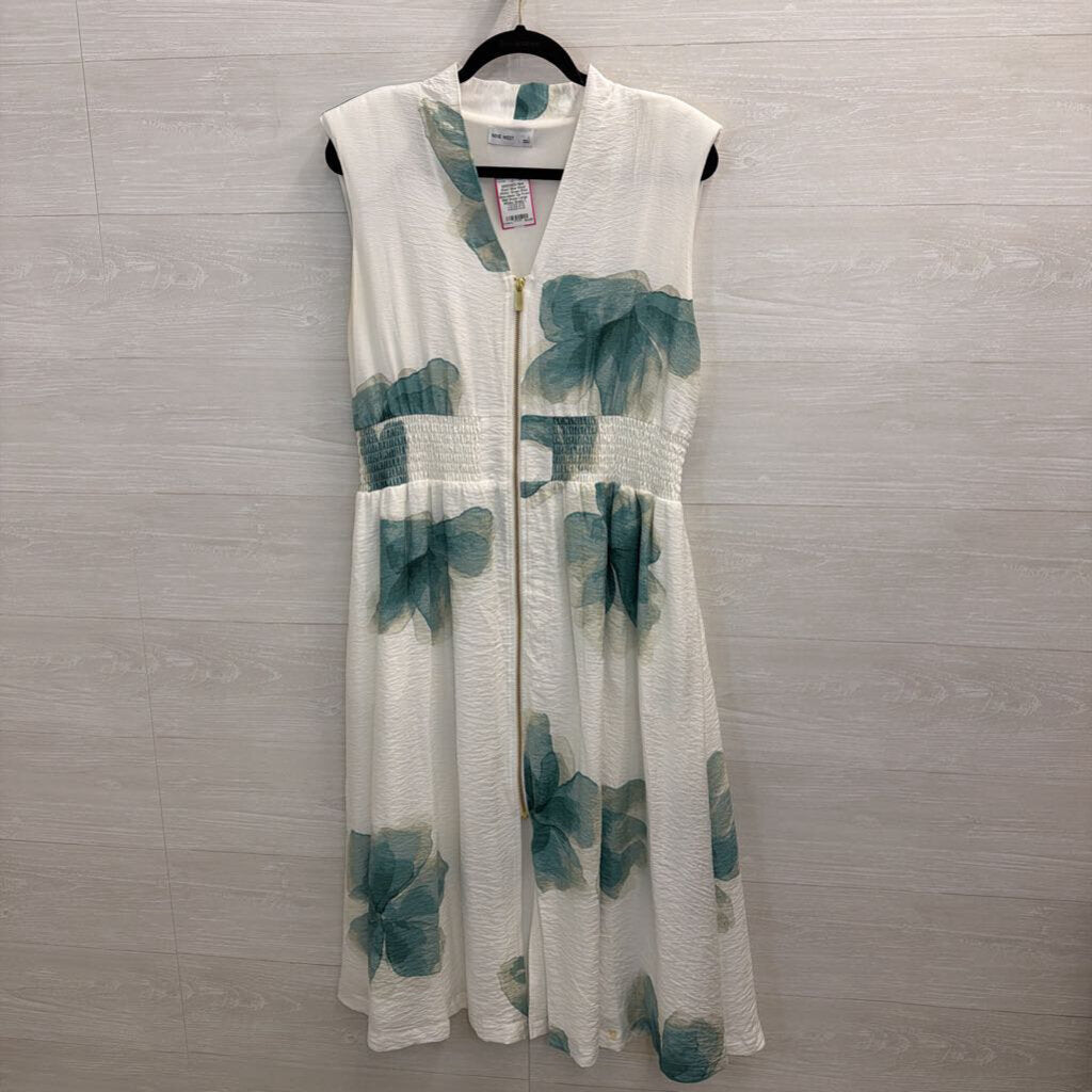 Nine West White/ Green Print Sleeveless Zip Front Midi Dress Large