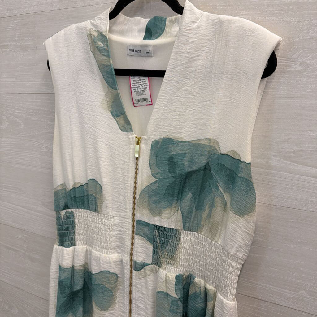 Nine West White/ Green Print Sleeveless Zip Front Midi Dress Large