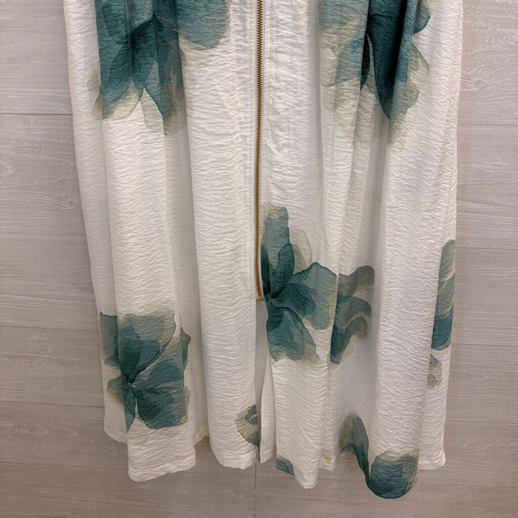 Nine West White/ Green Print Sleeveless Zip Front Midi Dress Large
