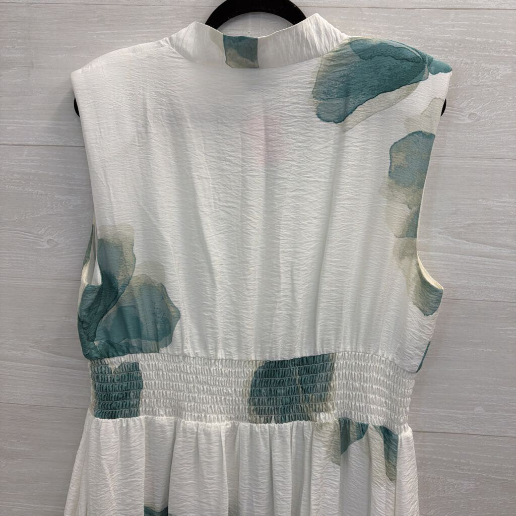 Nine West White/ Green Print Sleeveless Zip Front Midi Dress Large