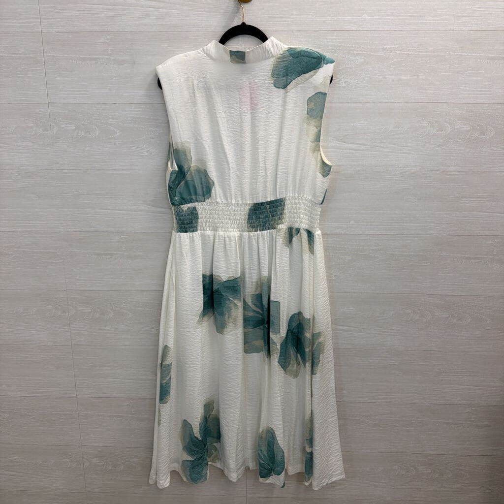 Nine West White/ Green Print Sleeveless Zip Front Midi Dress Large