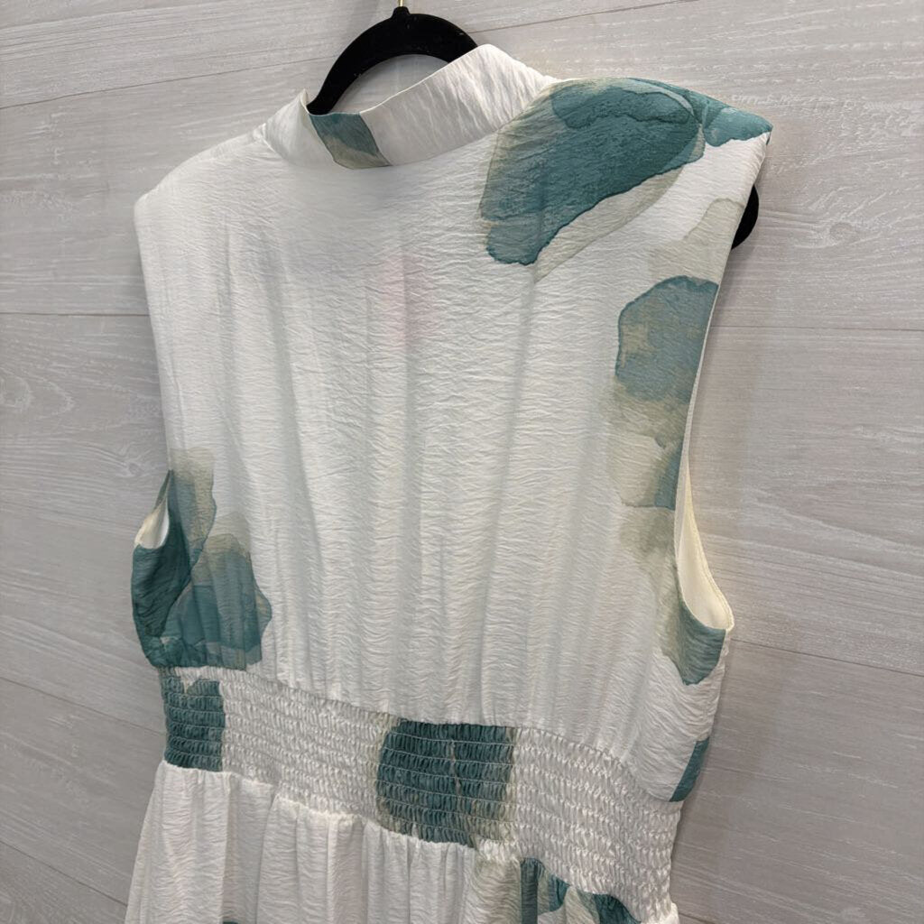 Nine West White/ Green Print Sleeveless Zip Front Midi Dress Large