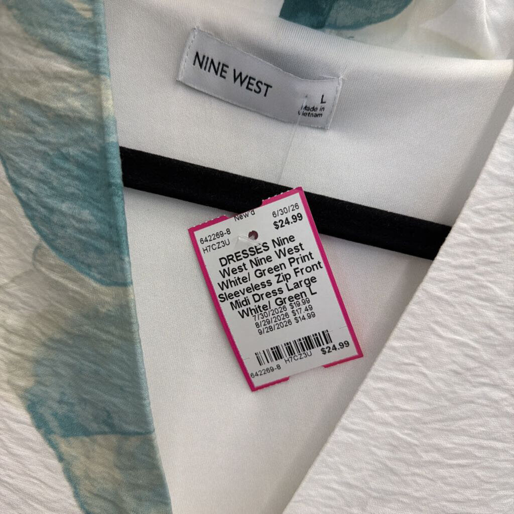 Nine West White/ Green Print Sleeveless Zip Front Midi Dress Large