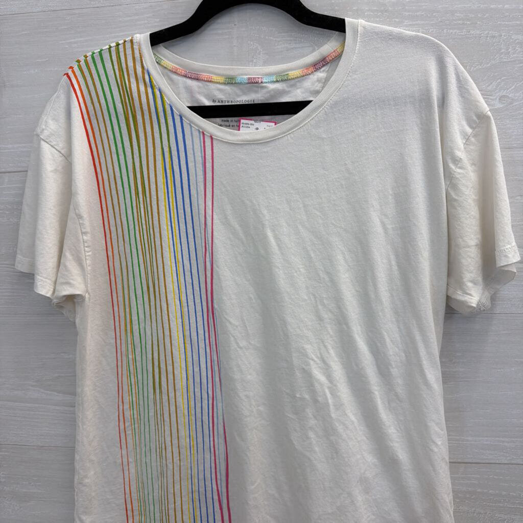 Anthropologie White/ Multi Striped Detail Short Sleeve Top Medium