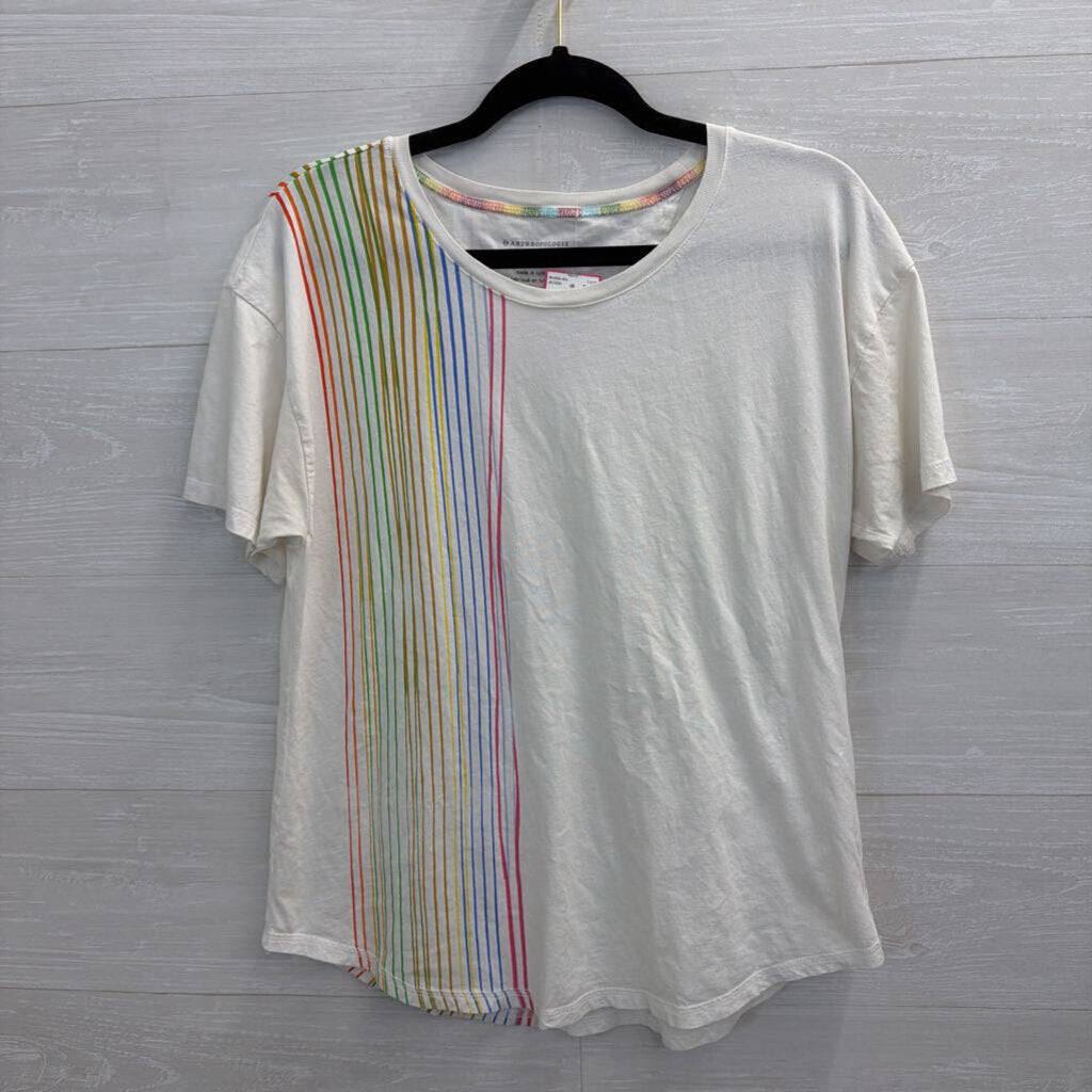 Anthropologie White/ Multi Striped Detail Short Sleeve Top Medium