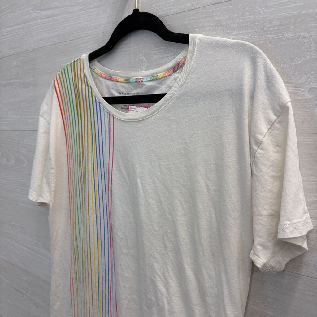 Anthropologie White/ Multi Striped Detail Short Sleeve Top Medium