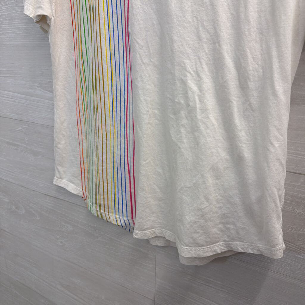 Anthropologie White/ Multi Striped Detail Short Sleeve Top Medium