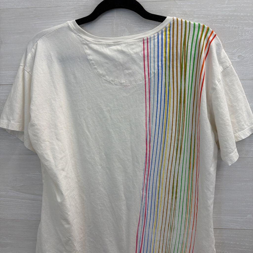 Anthropologie White/ Multi Striped Detail Short Sleeve Top Medium