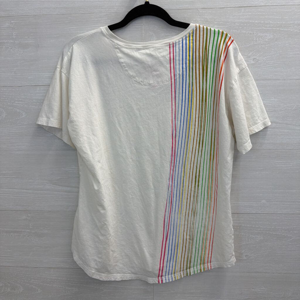Anthropologie White/ Multi Striped Detail Short Sleeve Top Medium