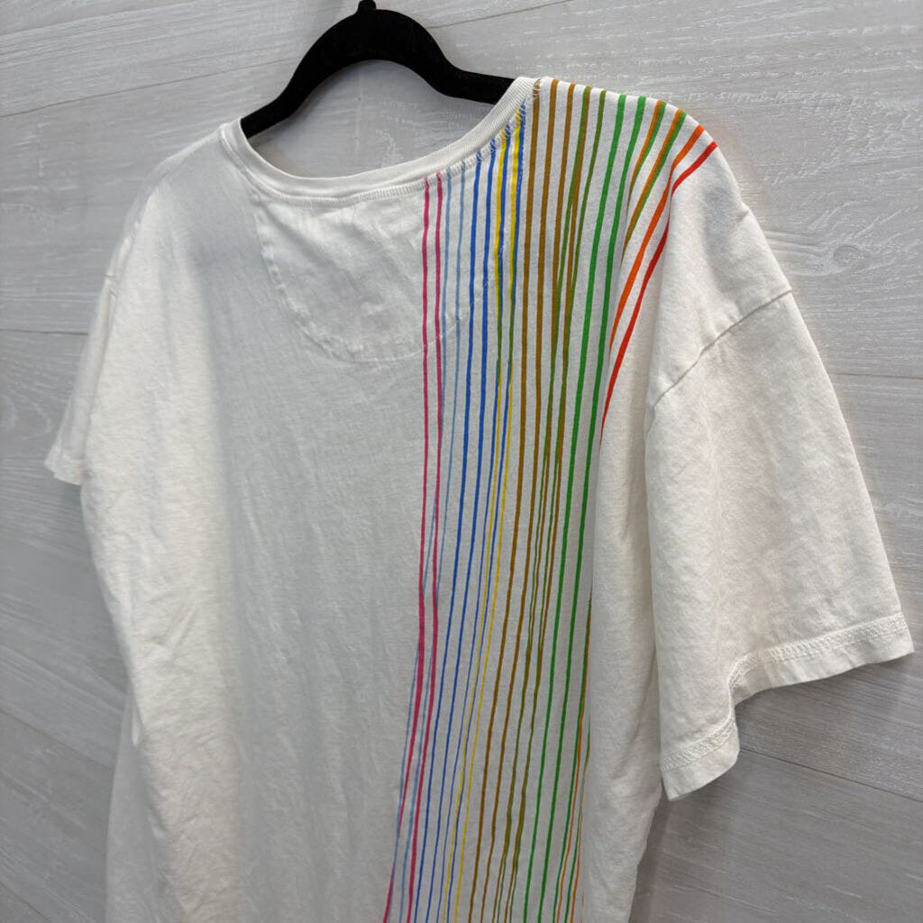 Anthropologie White/ Multi Striped Detail Short Sleeve Top Medium