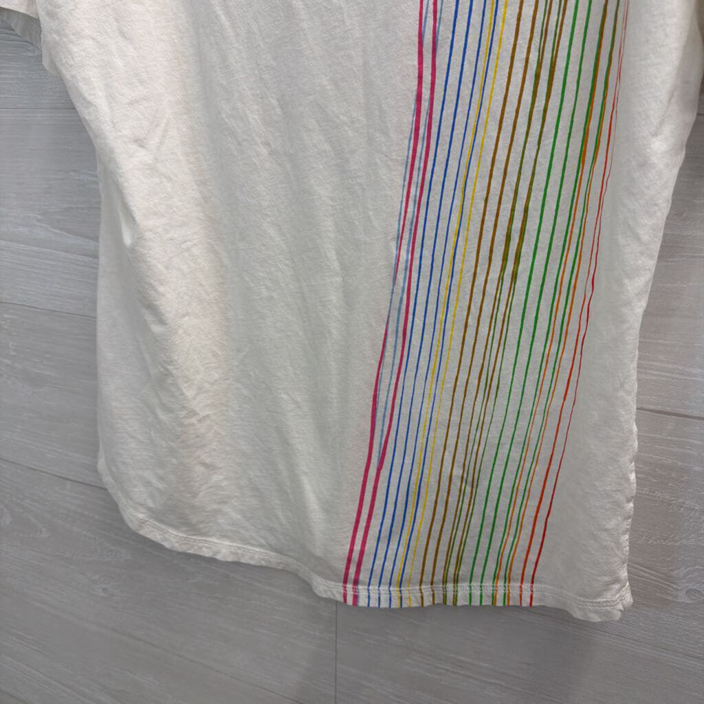 Anthropologie White/ Multi Striped Detail Short Sleeve Top Medium