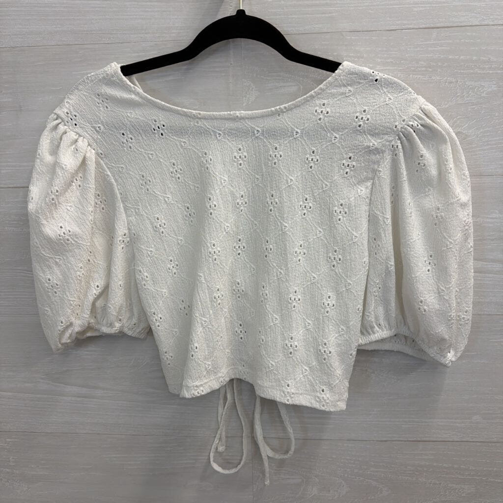 White Eyelet Cropped Short Puff Sleeve Top Large