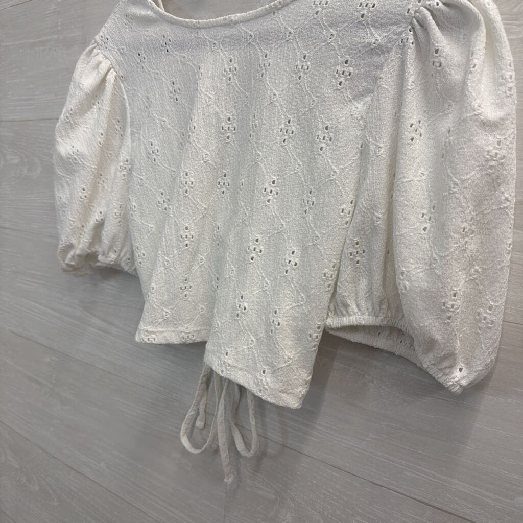 White Eyelet Cropped Short Puff Sleeve Top Large