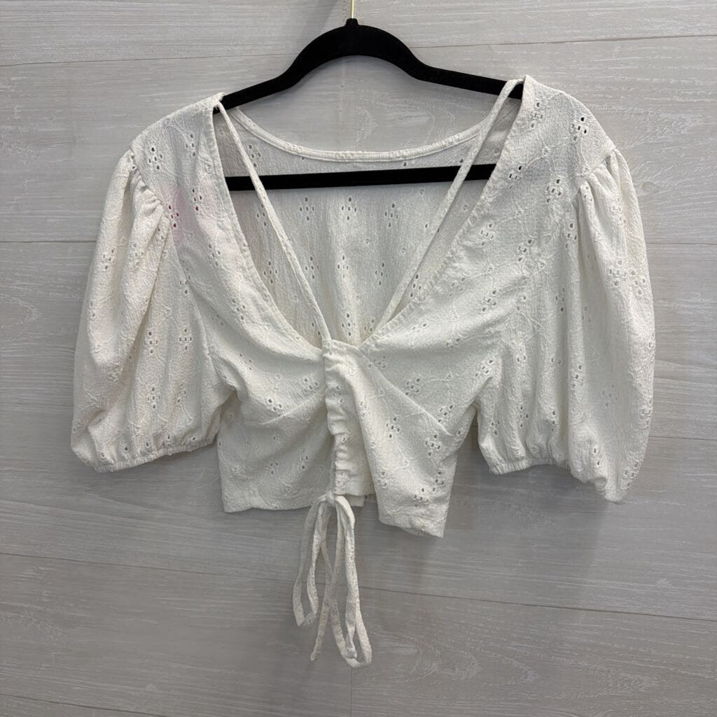 White Eyelet Cropped Short Puff Sleeve Top Large