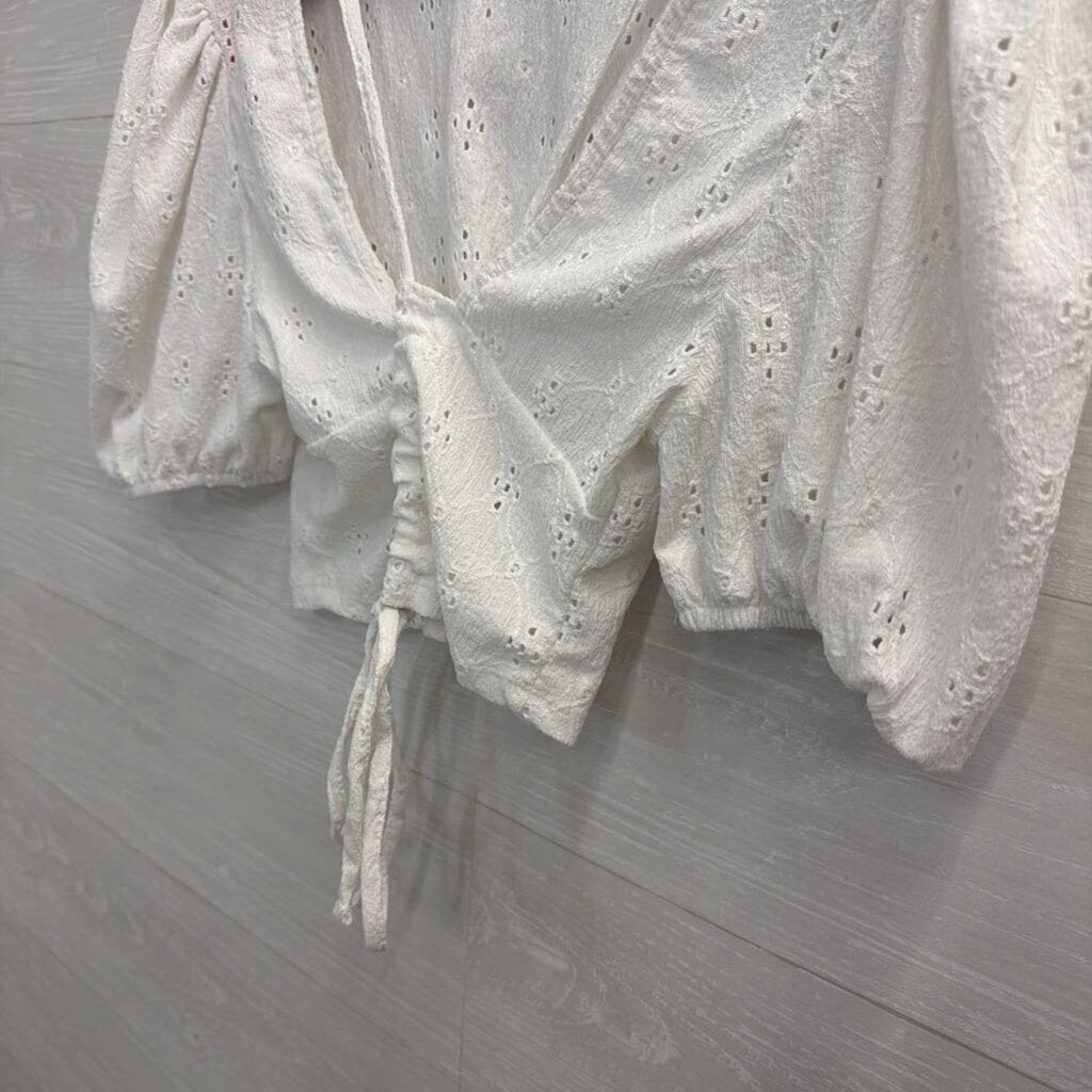 White Eyelet Cropped Short Puff Sleeve Top Large