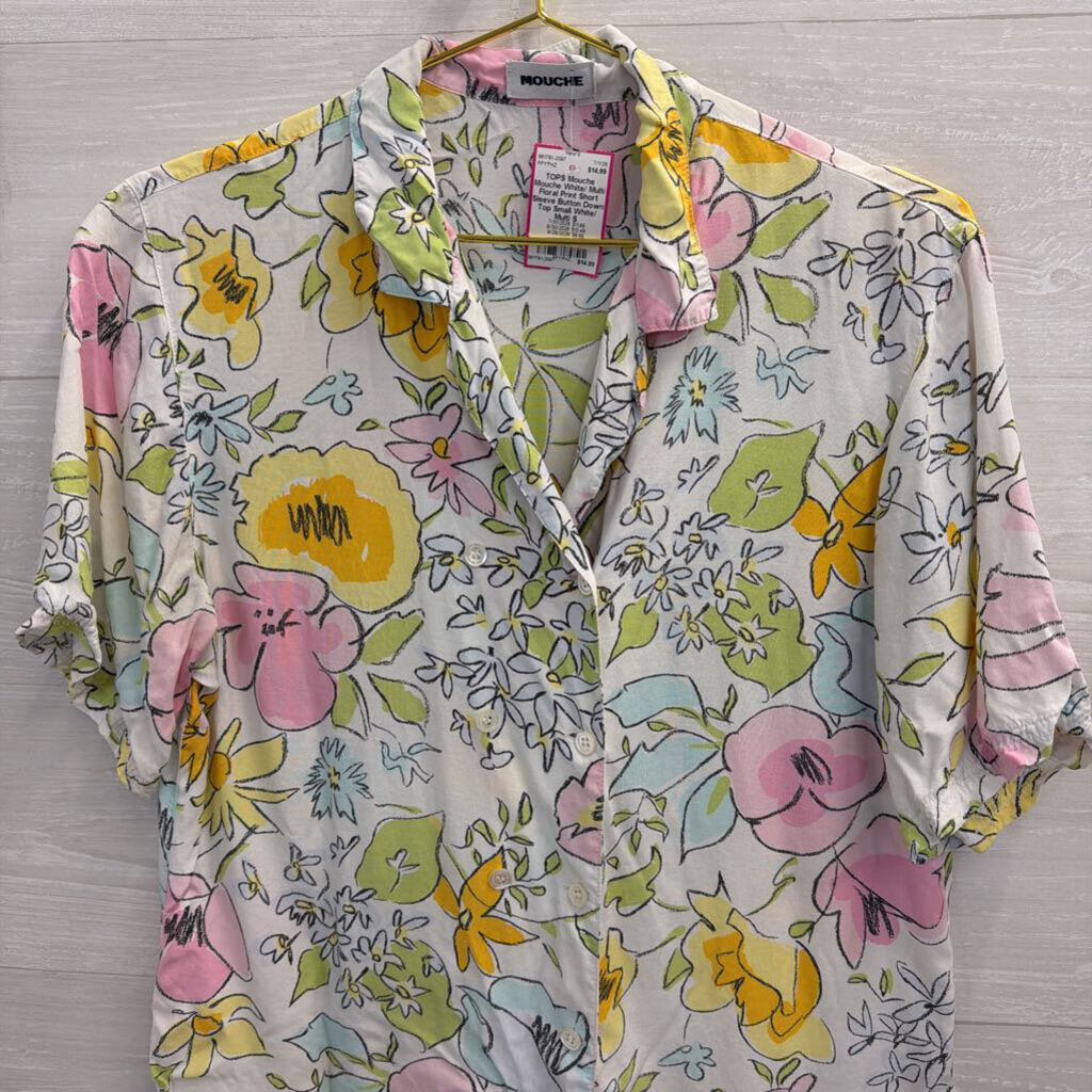 Mouche White/ Multi Floral Print Short Sleeve Button Down Top Small
