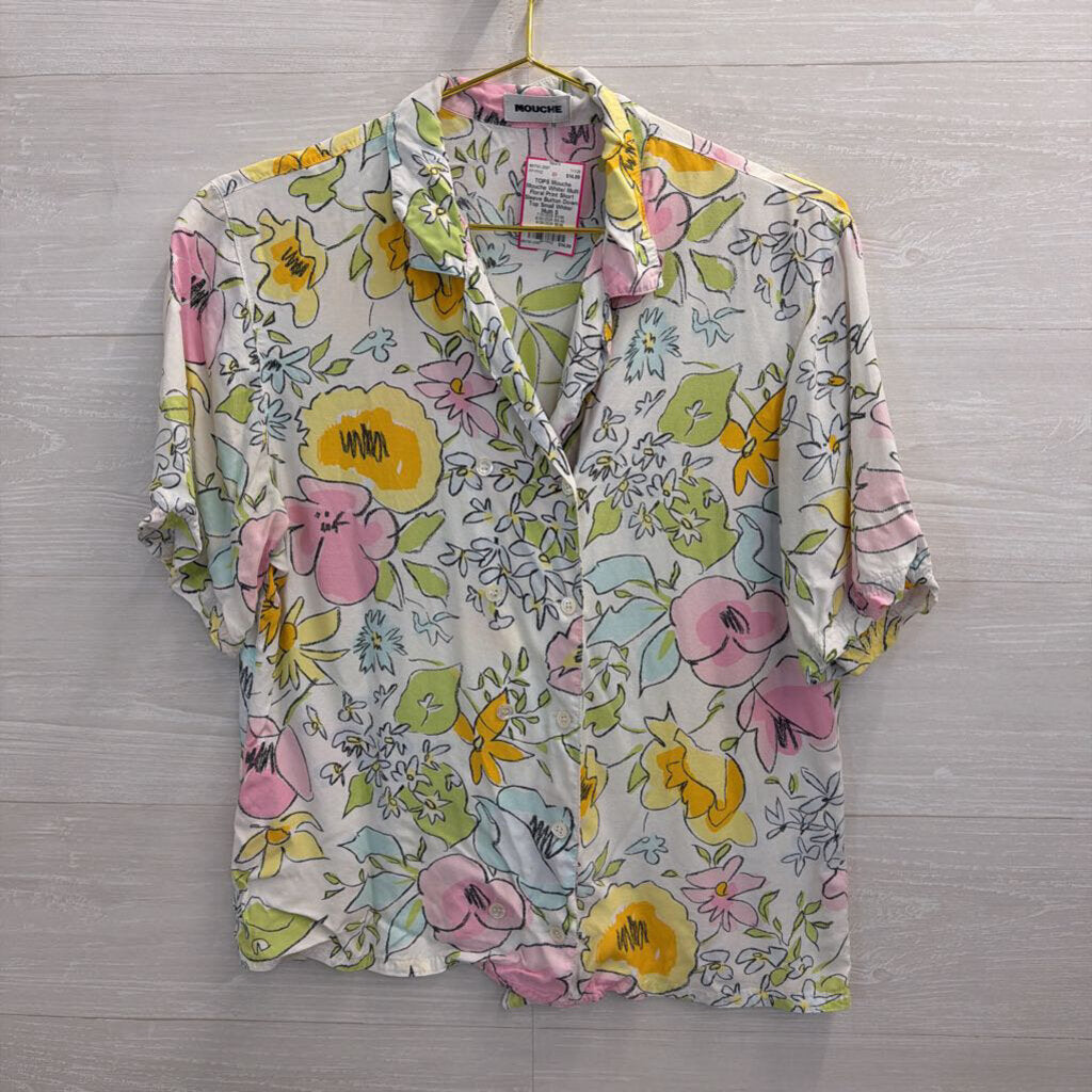 Mouche White/ Multi Floral Print Short Sleeve Button Down Top Small