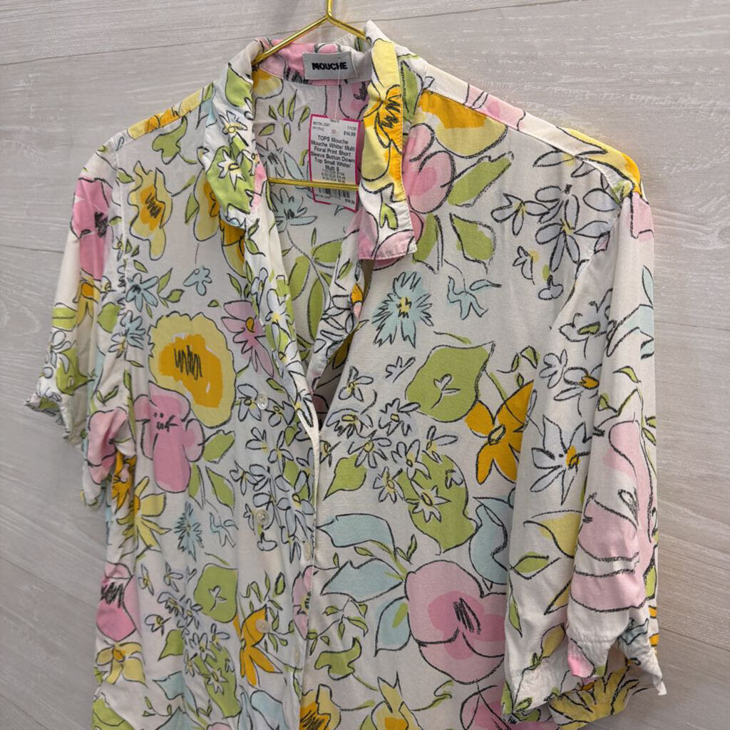 Mouche White/ Multi Floral Print Short Sleeve Button Down Top Small