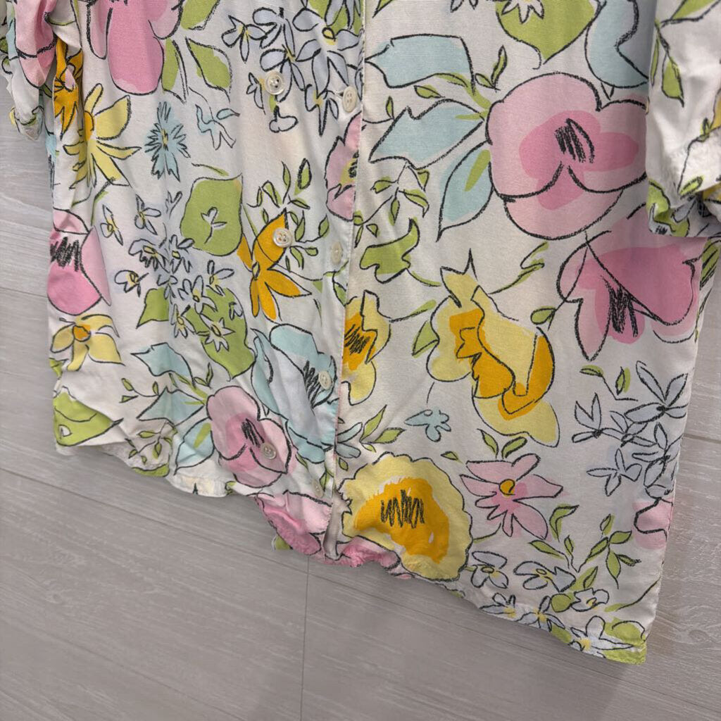 Mouche White/ Multi Floral Print Short Sleeve Button Down Top Small