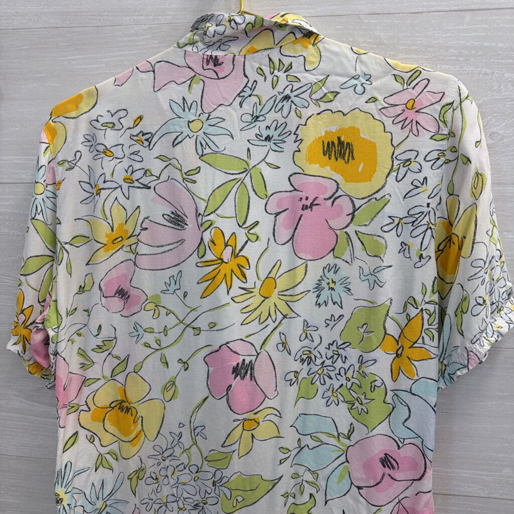 Mouche White/ Multi Floral Print Short Sleeve Button Down Top Small