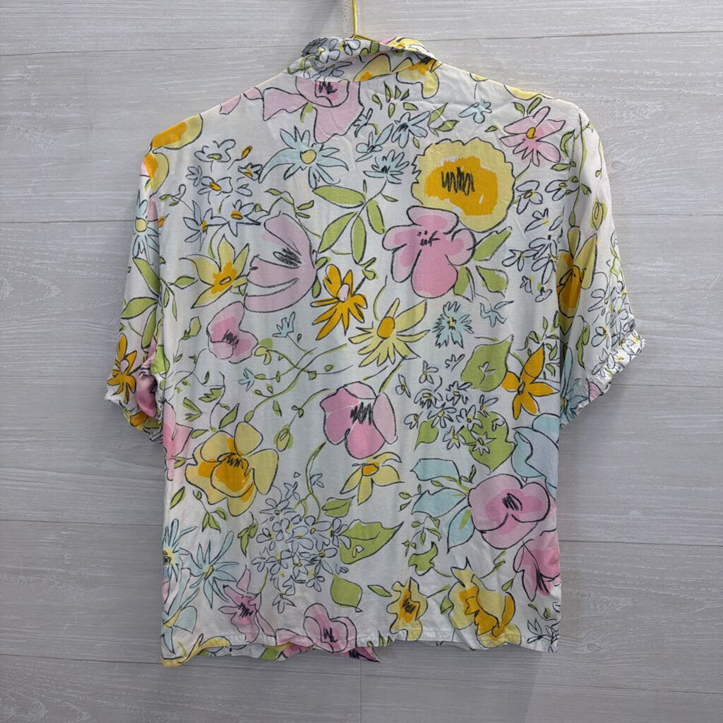 Mouche White/ Multi Floral Print Short Sleeve Button Down Top Small