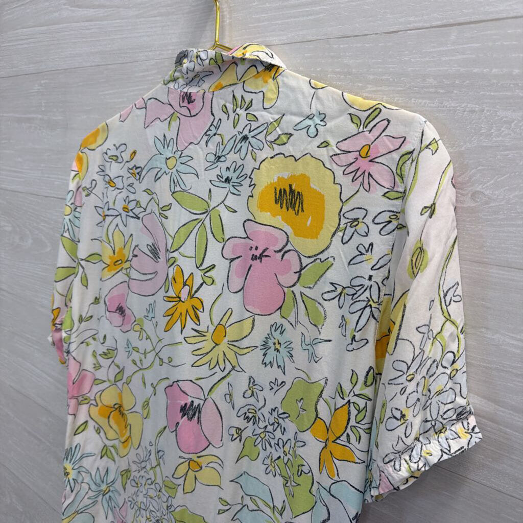 Mouche White/ Multi Floral Print Short Sleeve Button Down Top Small