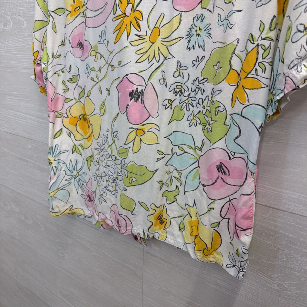 Mouche White/ Multi Floral Print Short Sleeve Button Down Top Small