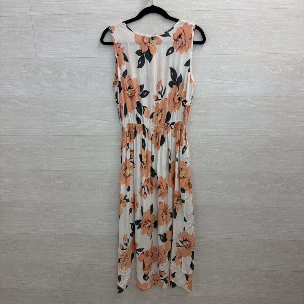 Temt White/ Pink Floral Print Sleeveless Maxi Dress 10