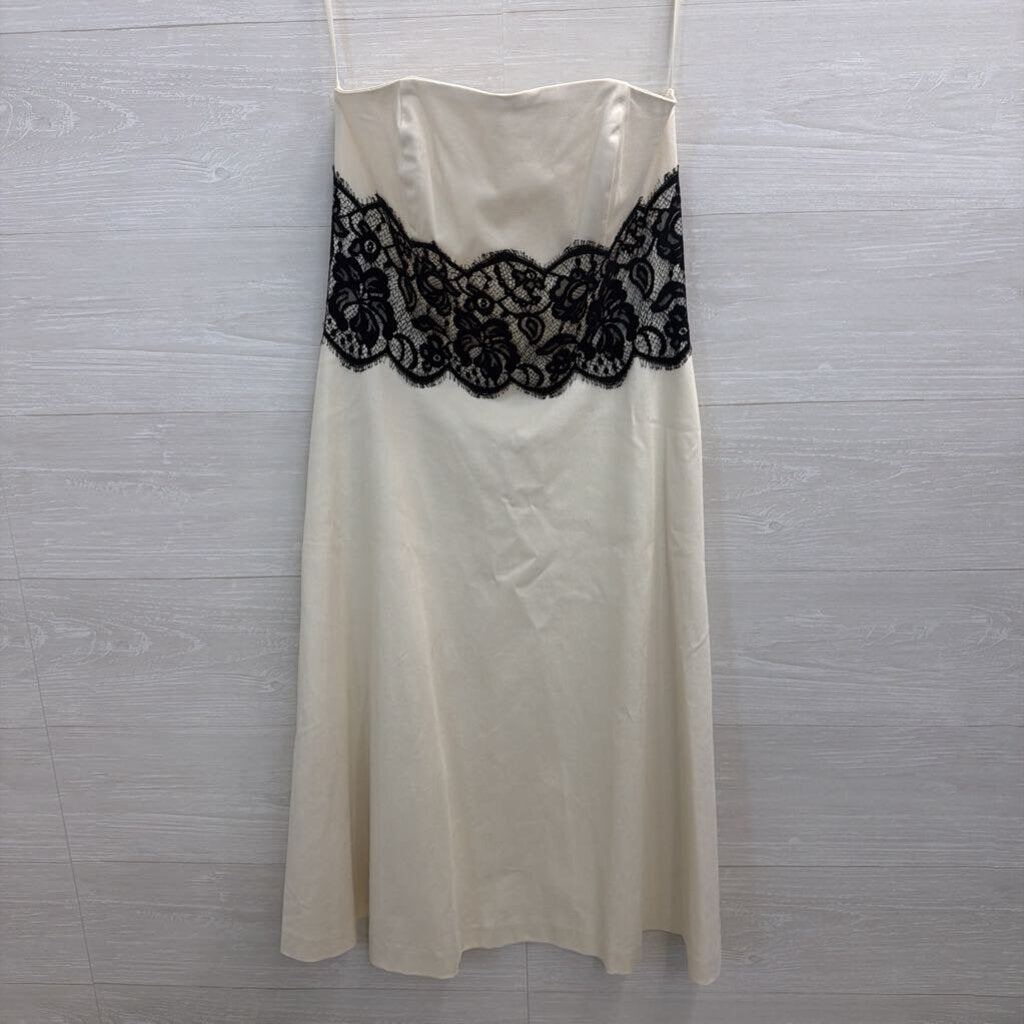 White House Black Market Cream/ Black Lace Detail Strapless Midi Dress 6